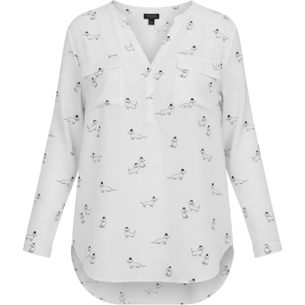 NWT Torrid Harper Dachshund Print Shirt Chiffon Black White‎ Pocket Roll Tab